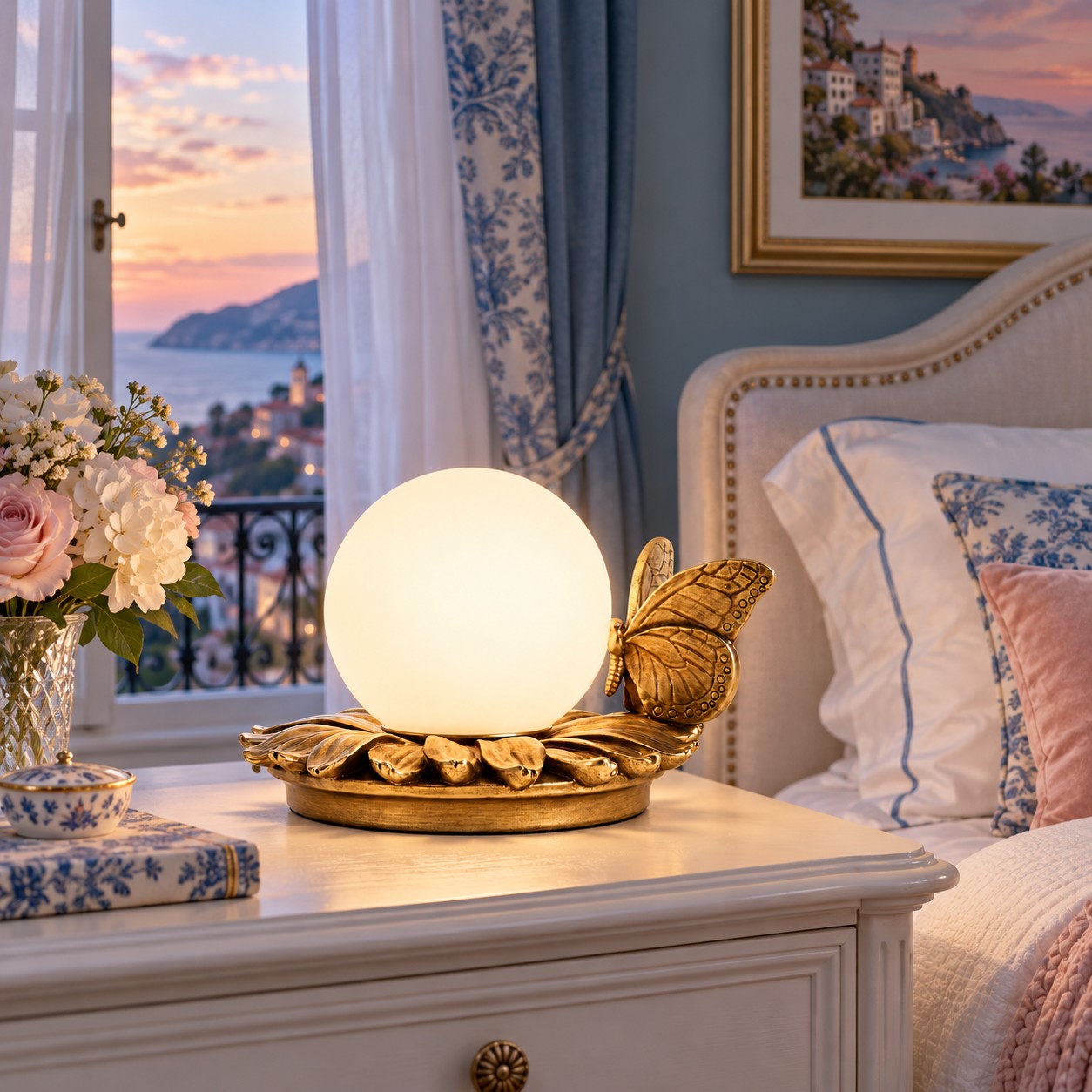 Lámpara de mesa con mariposa encendida sobre una mesita de noche