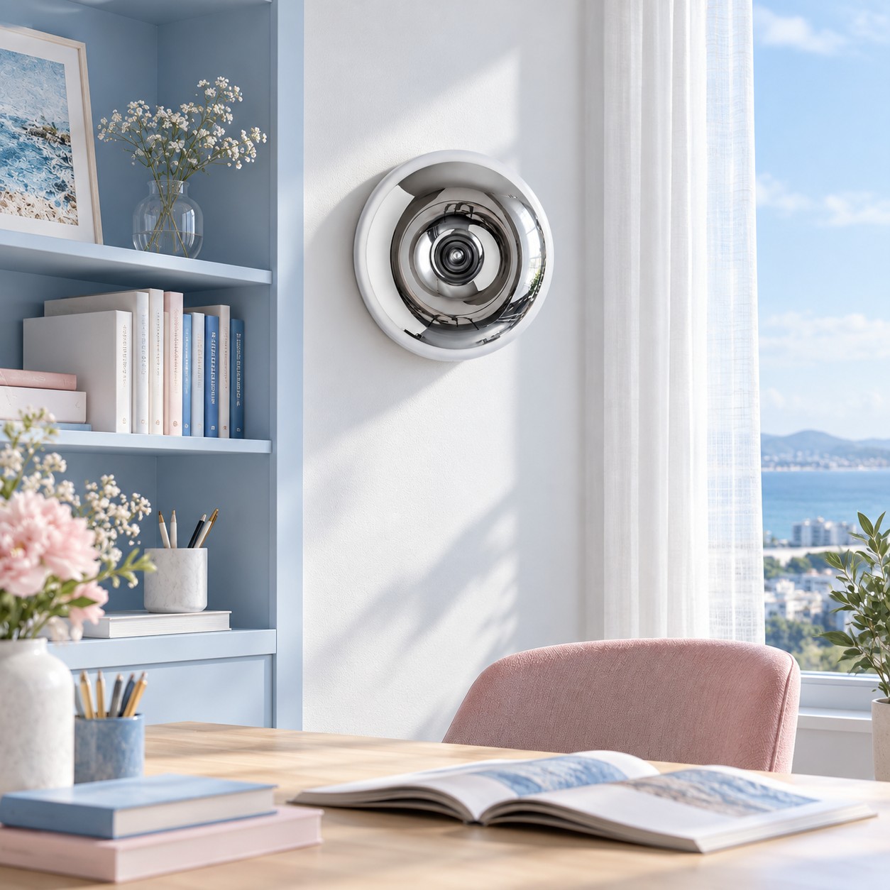 Lámpara de pared cromada en un estudio costero luminoso