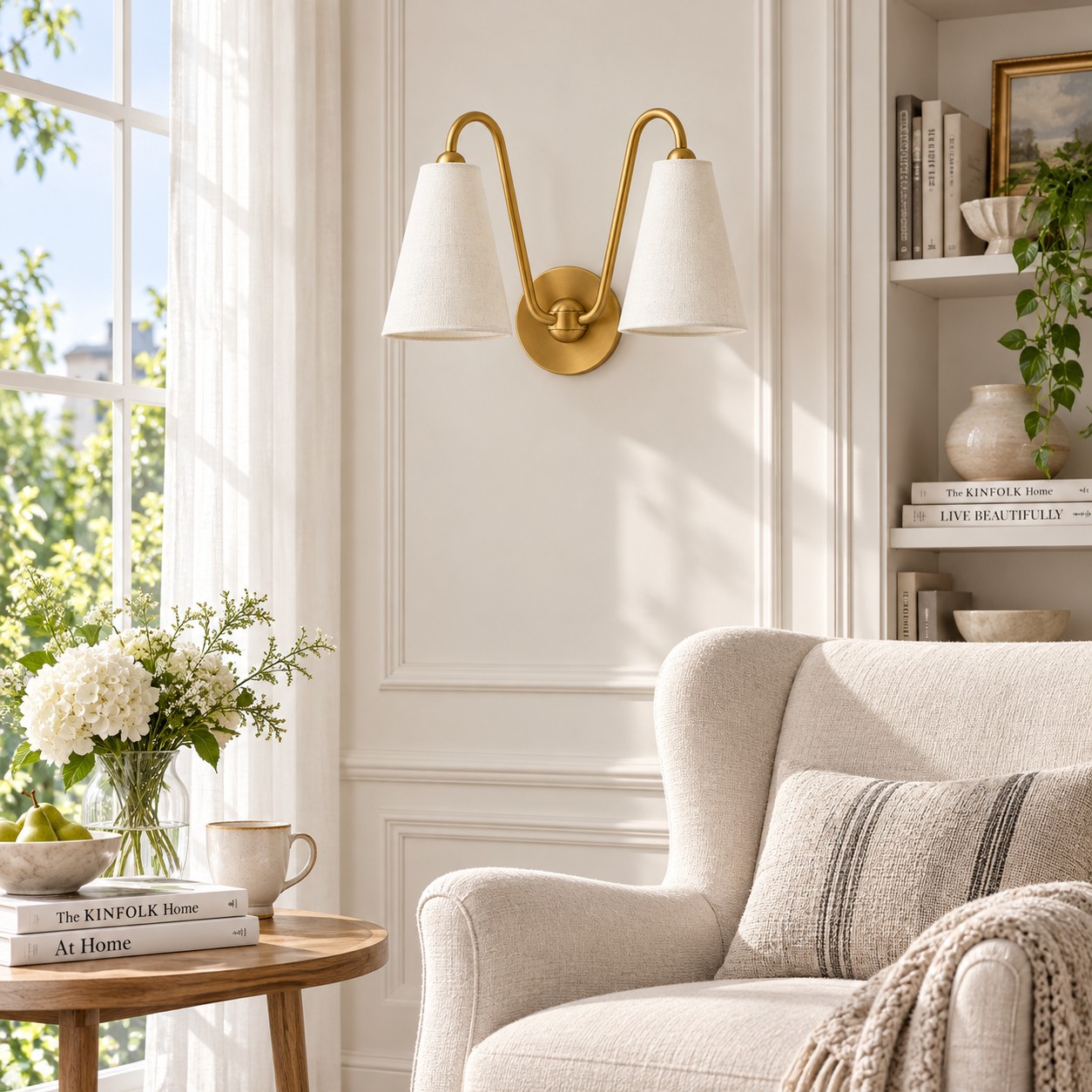 Fauteuil de salon avec abat-jour en lin blanc, lumières éteintes