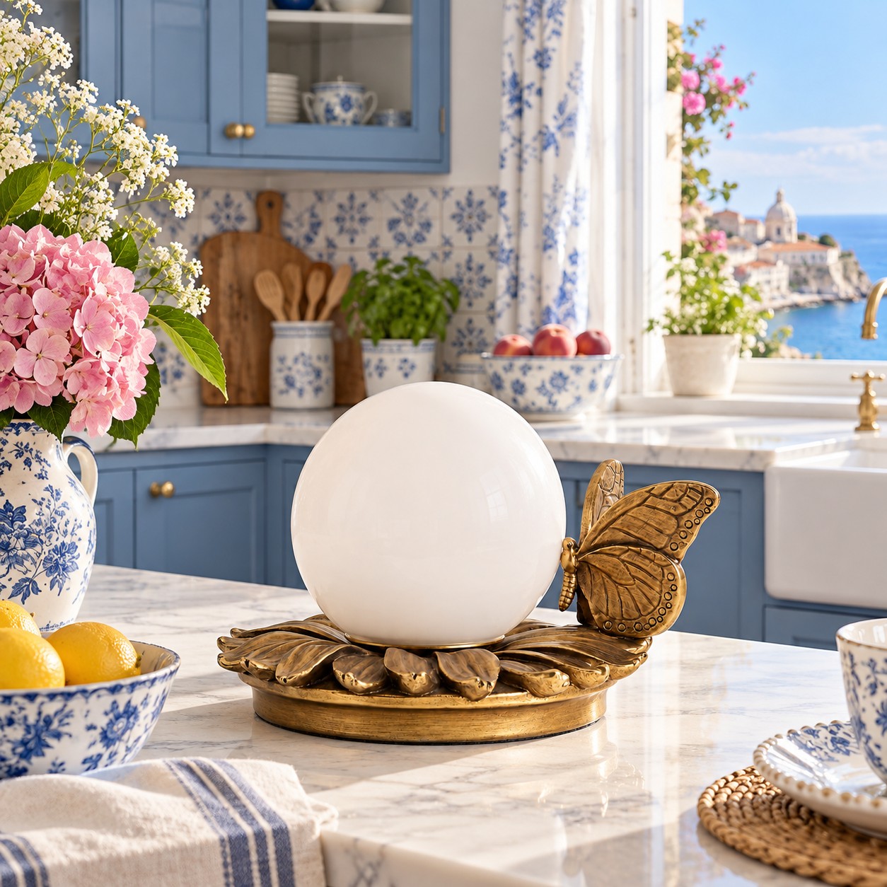 Lámpara de mesa de mariposa apagada sobre una isla de cocina