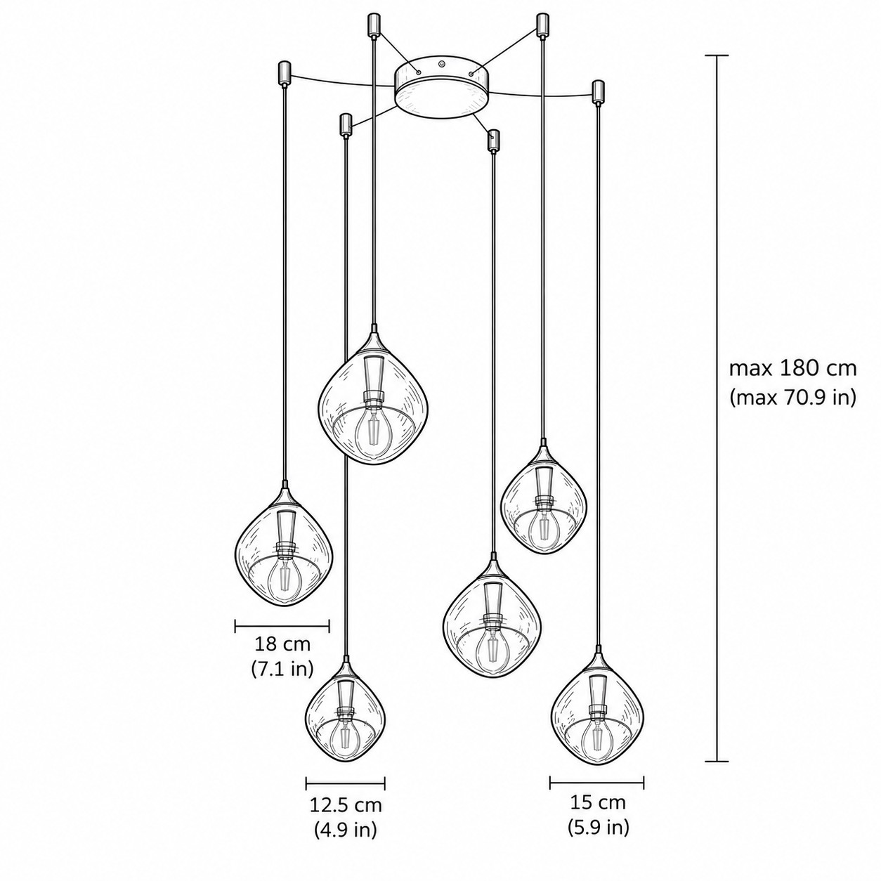 Schéma rozměrů: stínidla 18 cm, 15 cm a 12,5 cm, kabel dlouhý až 180 cm