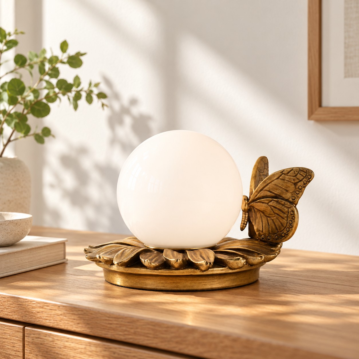 Lámpara de mesa de mariposa apagada sobre una cómoda de madera