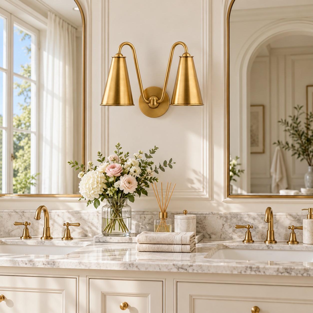 Meuble-lavabo en marbre avec abat-jour en laiton, lumières éteintes
