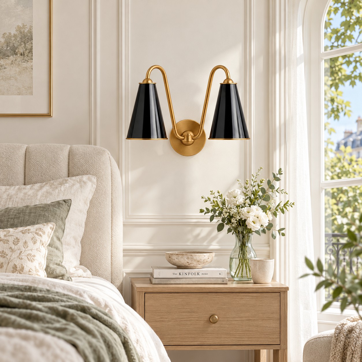 Chambre avec abat-jour en métal noir, lumières éteintes