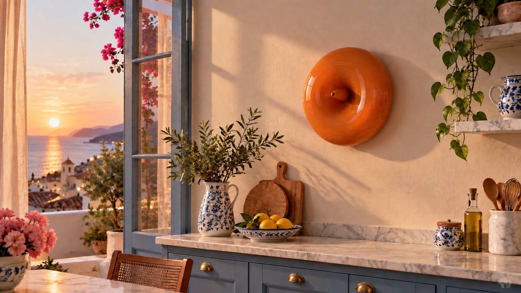 lámpara de pared de vidrio naranja apagada en una cocina costera