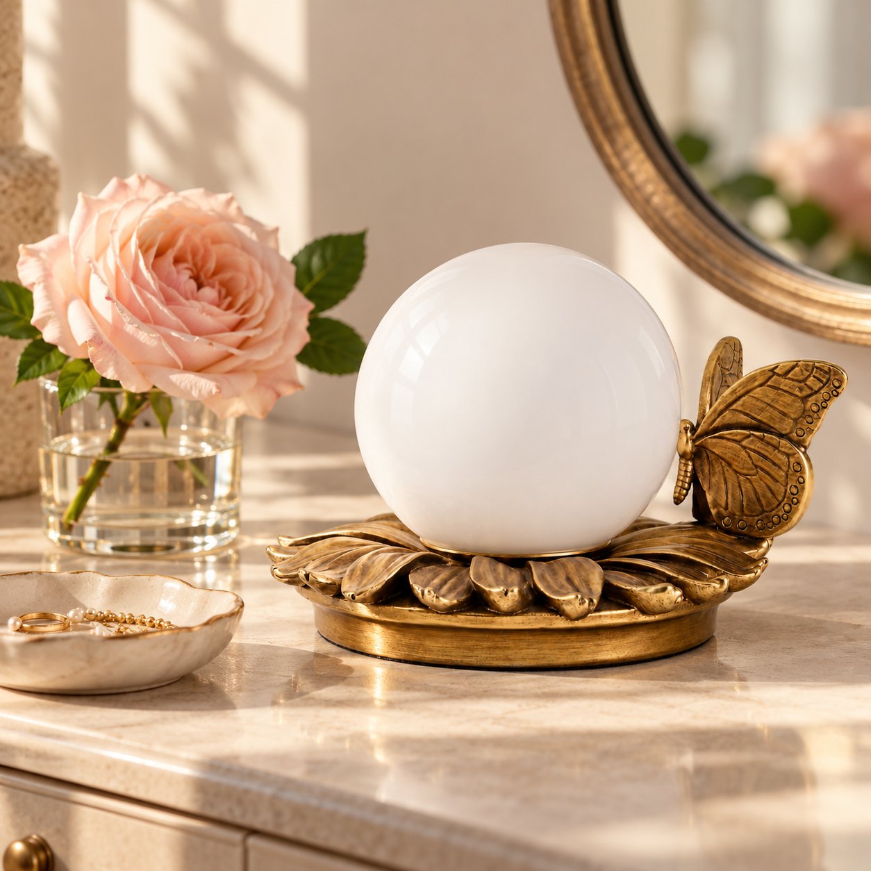 Lámpara de mesa de mariposa apagada sobre un tocador, junto a una rosa y un joyero