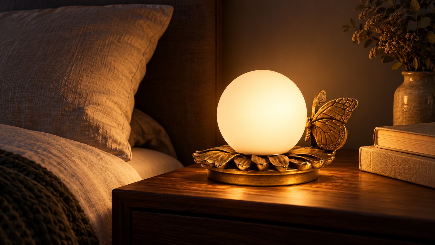 Lámpara de mesa con mariposa como única luz en una mesita de noche