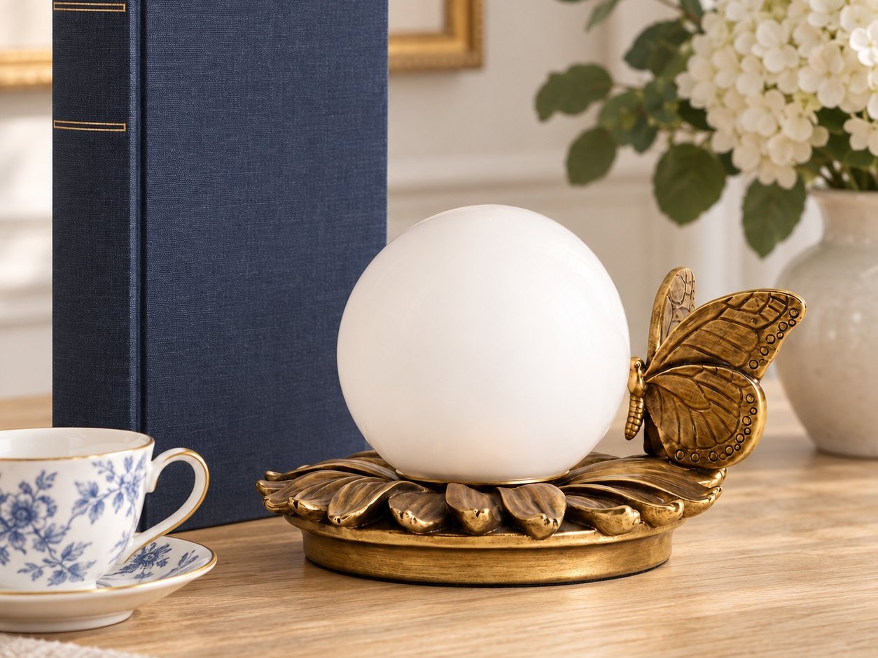 Lámpara de mesa con mariposa junto a un libro de tapa dura y una taza de té