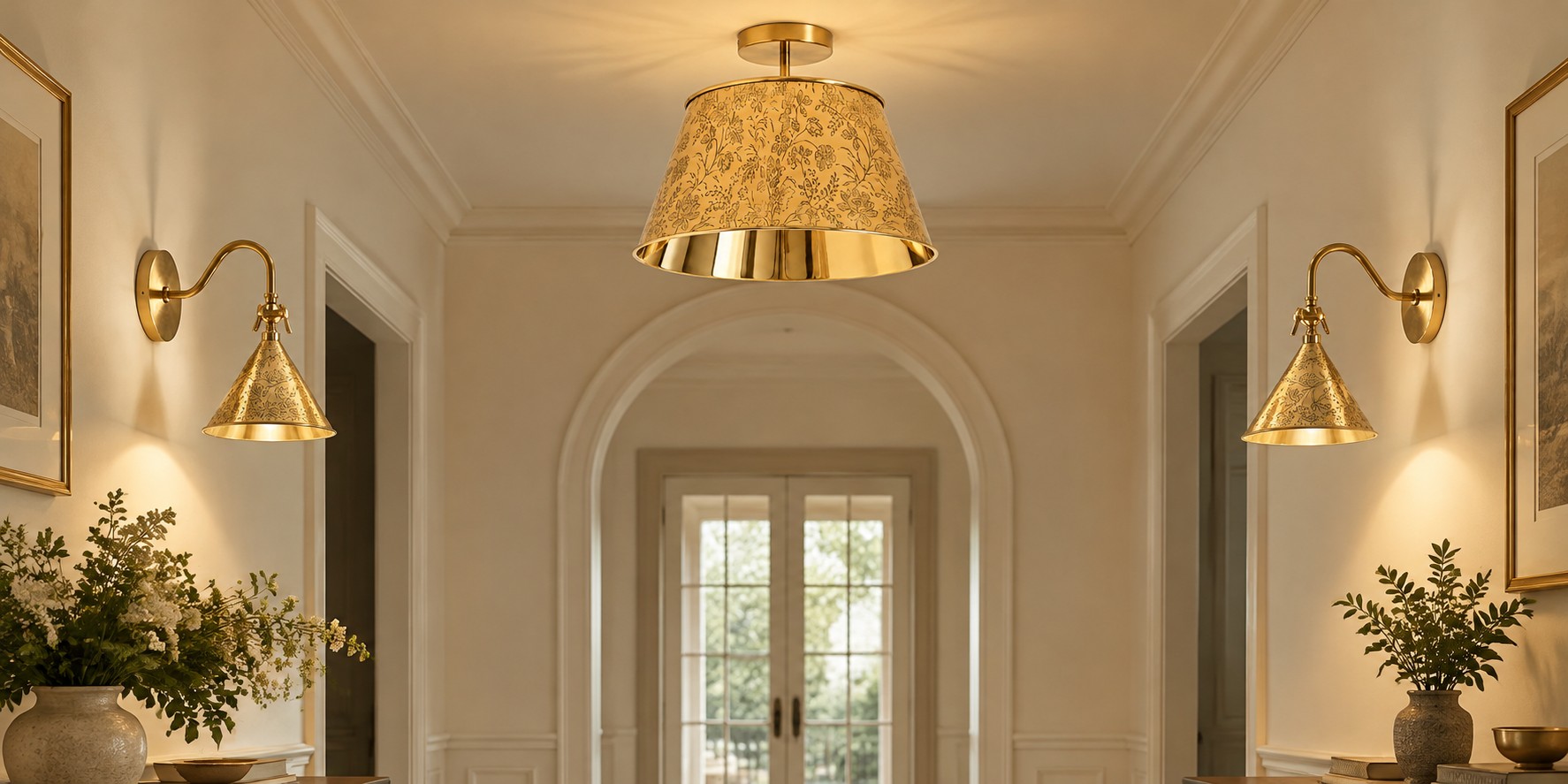 Plafoniera con decorazioni floreali incise, abbinata a applique da parete coordinate.