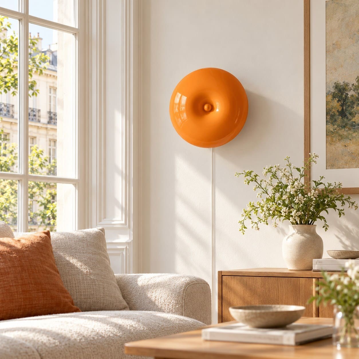 Lámpara de pared naranja con enchufe y cable en un salón