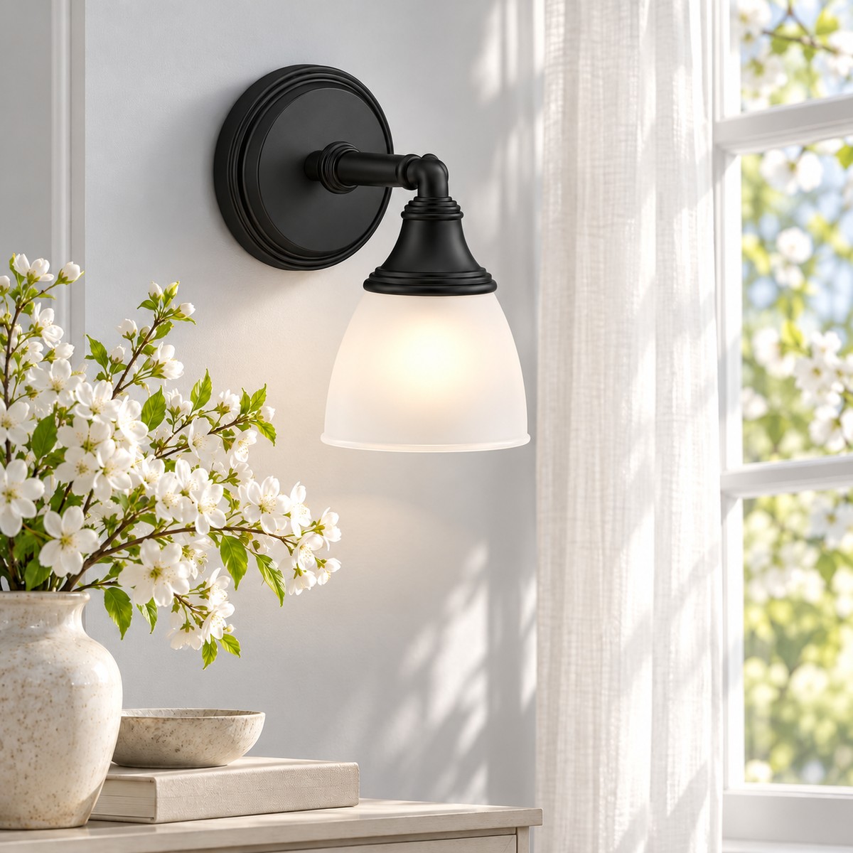 Aplique negro mate de un punto de luz en un salón primaveral