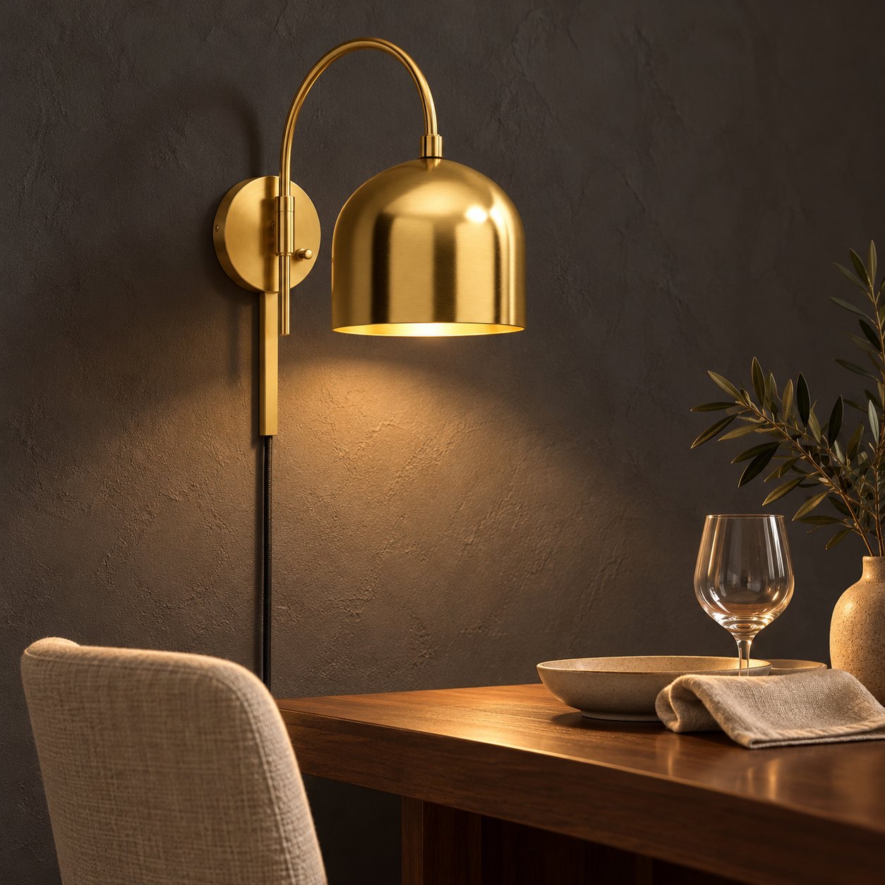 Aplique de oro cepillado que ilumina una mesa de comedor