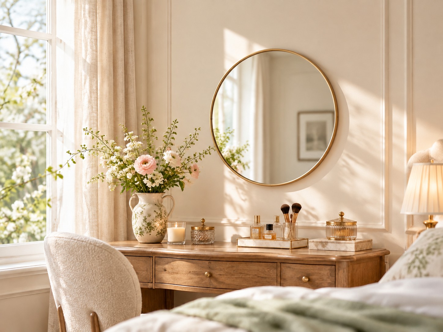 Before: a bedroom wall with a simple round mirror