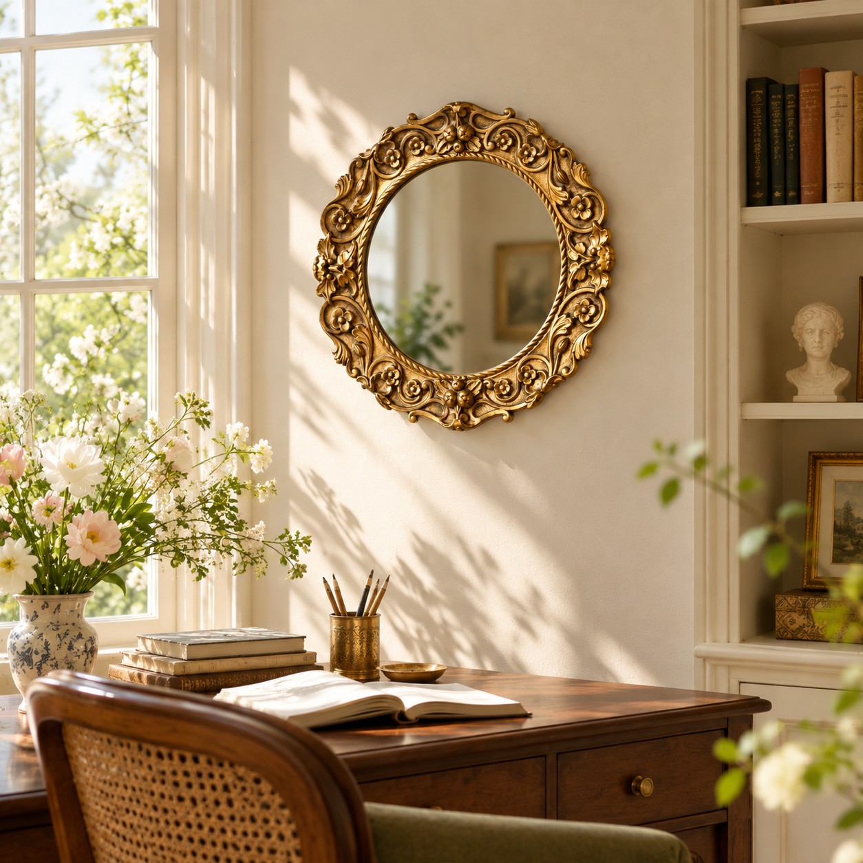 Antique gold ornate mirror above a desk in a study