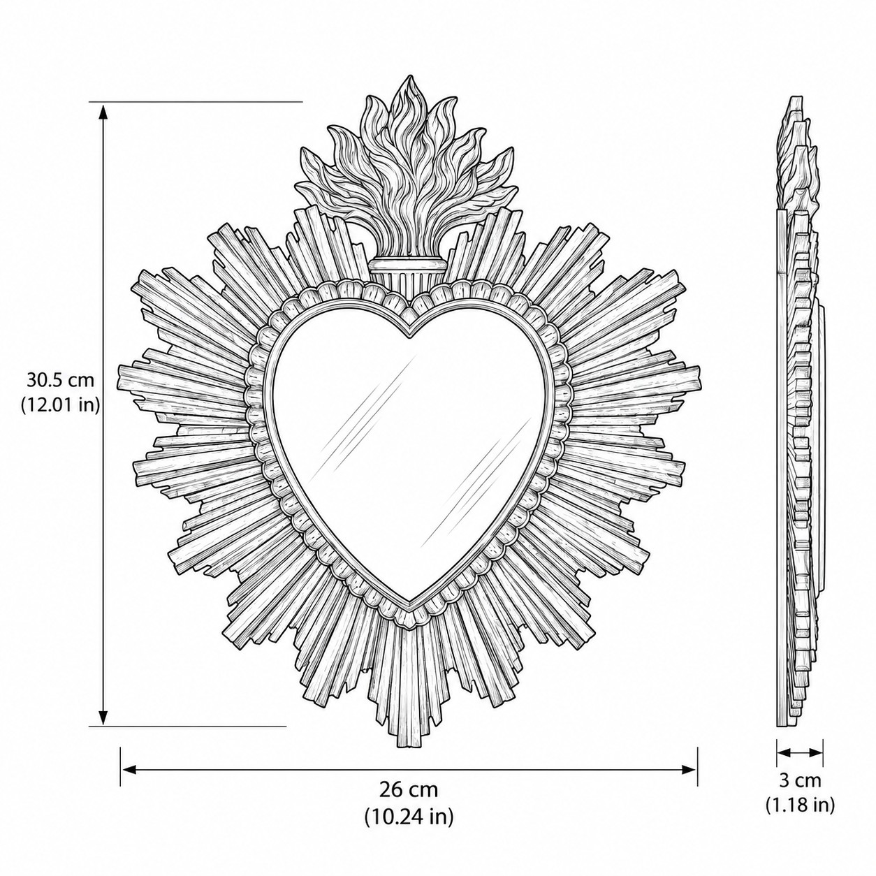 Gold and black sacred heart mirror measurement drawing, 26 by 30.5 by 3 centimetres