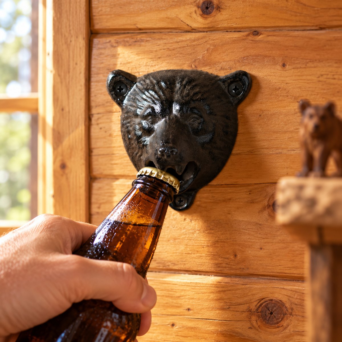 Décapsuleur ours en usage sur un mur en bois