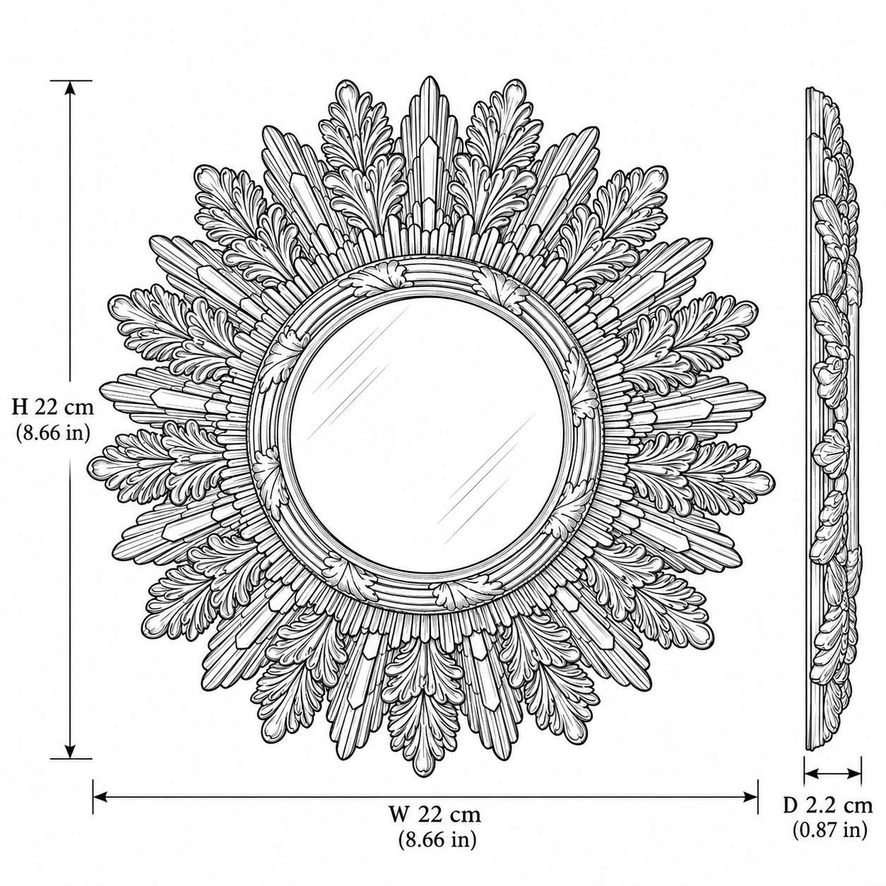 Antique gold leaf mirror measurement drawing, 22 by 22 by 2.2 centimetres