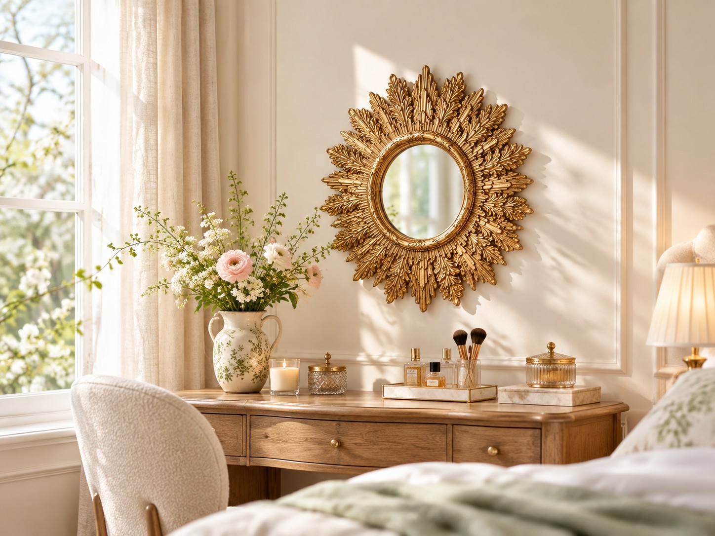After: the same bedroom wall styled with an ornate antique-gold leaf mirror
