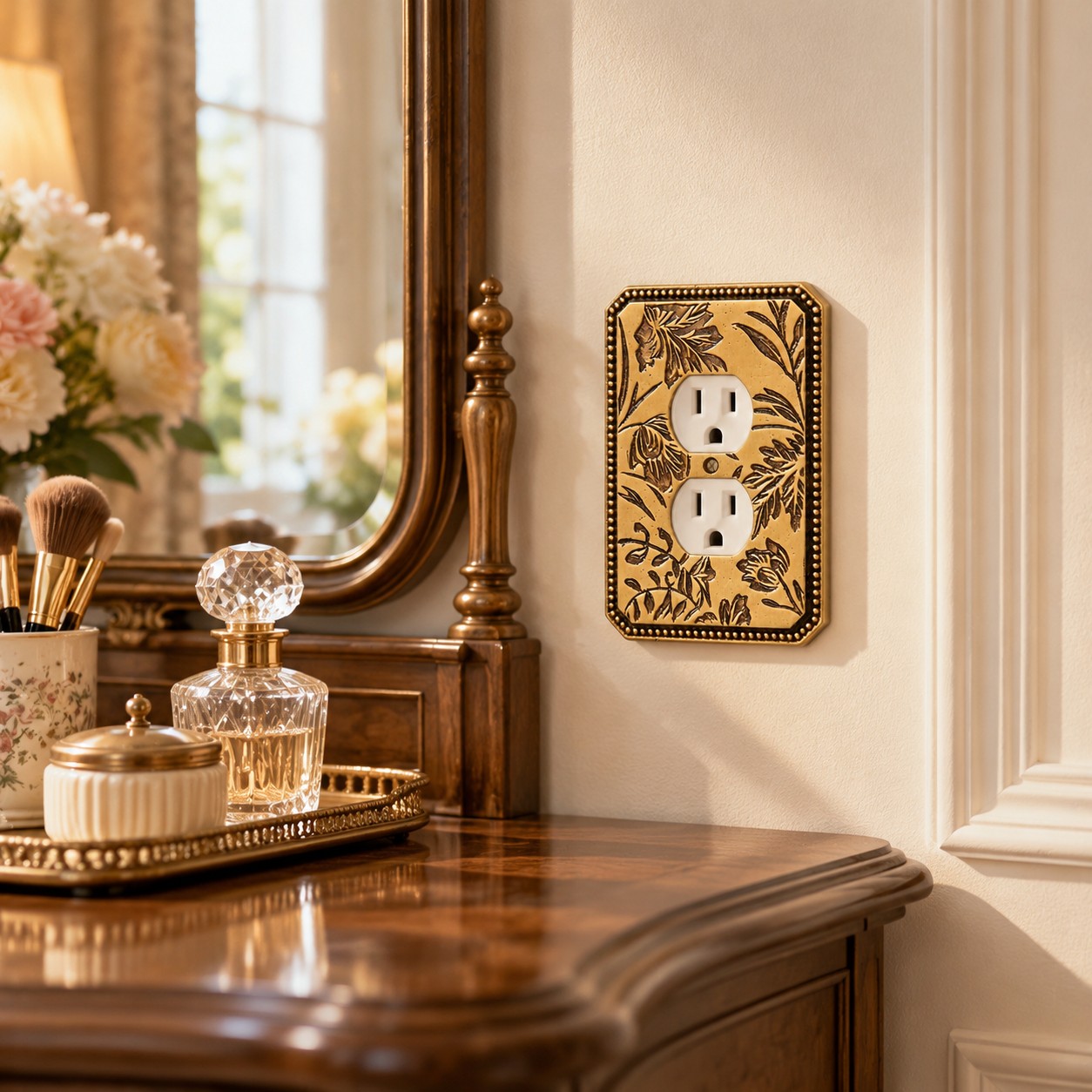 Antique brass outlet cover beside a vanity mirror