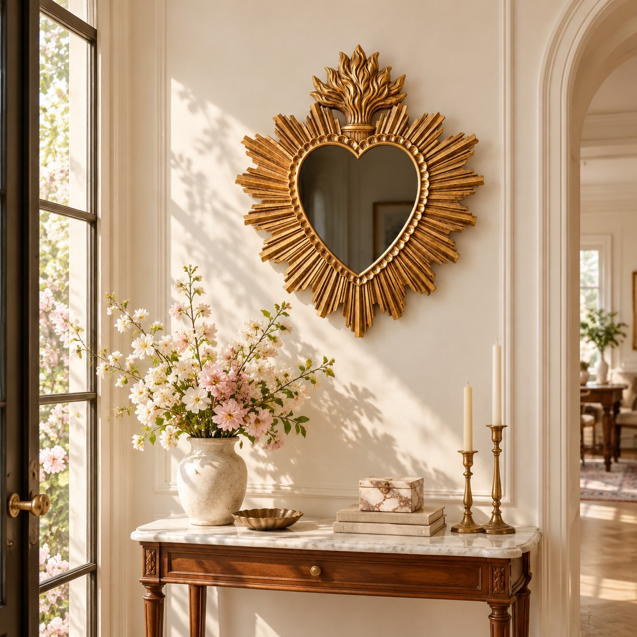 Gold sacred heart mirror above a console in a bright entryway