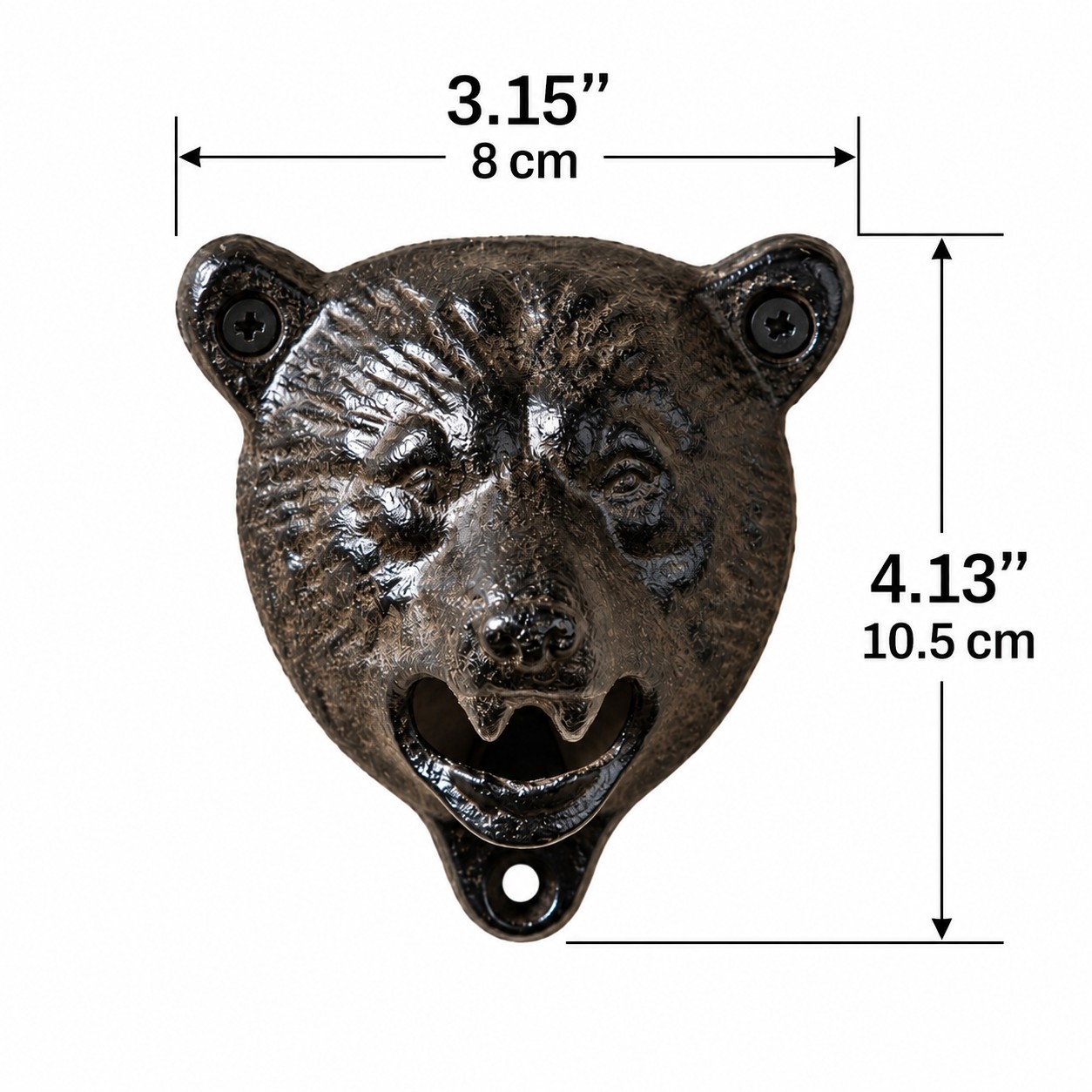 Schéma de dimensions du décapsuleur tête d'ours, 3,15 pouces sur 4,13 pouces