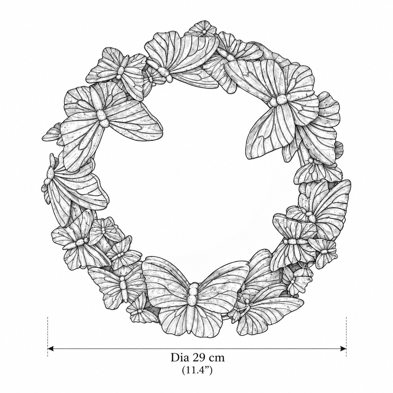 Gold butterfly mirror measurement drawing, 29 centimetre diameter