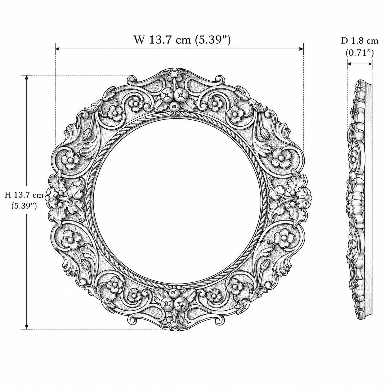 Antique gold ornate mirror measurement drawing, 13.7 by 13.7 by 1.8 centimetres