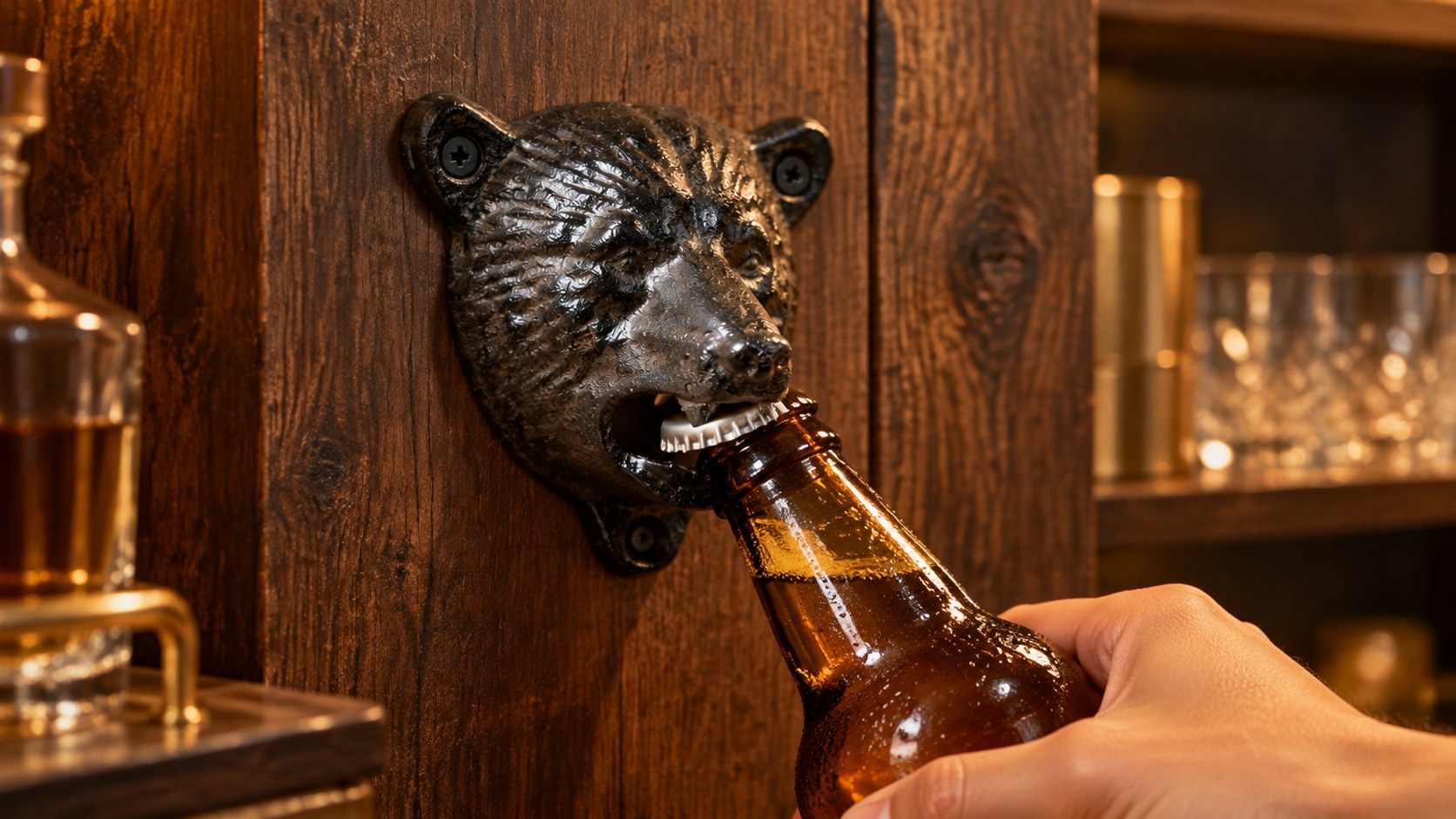 Gueule d'ours en fonte qui fait levier sur une capsule, sur un mur de bar en noyer