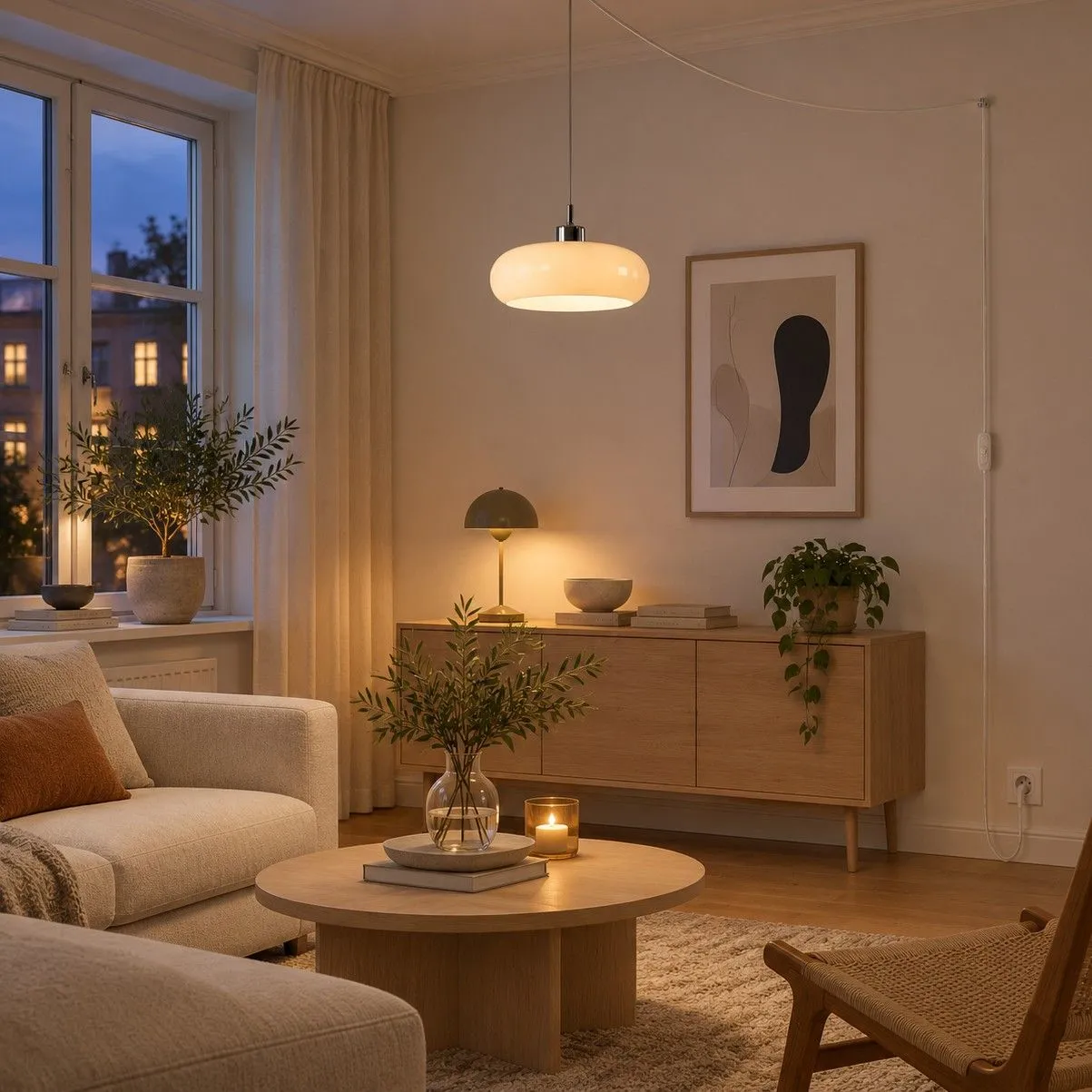 White Potivus plug-in pendant in a warm living room at dusk