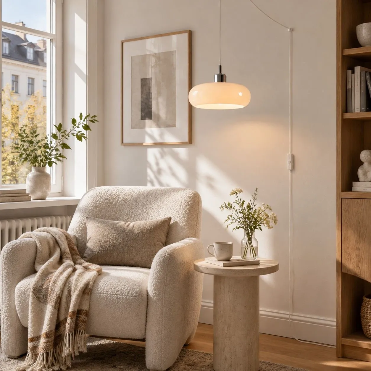 White Potivus plug-in pendant beside a window