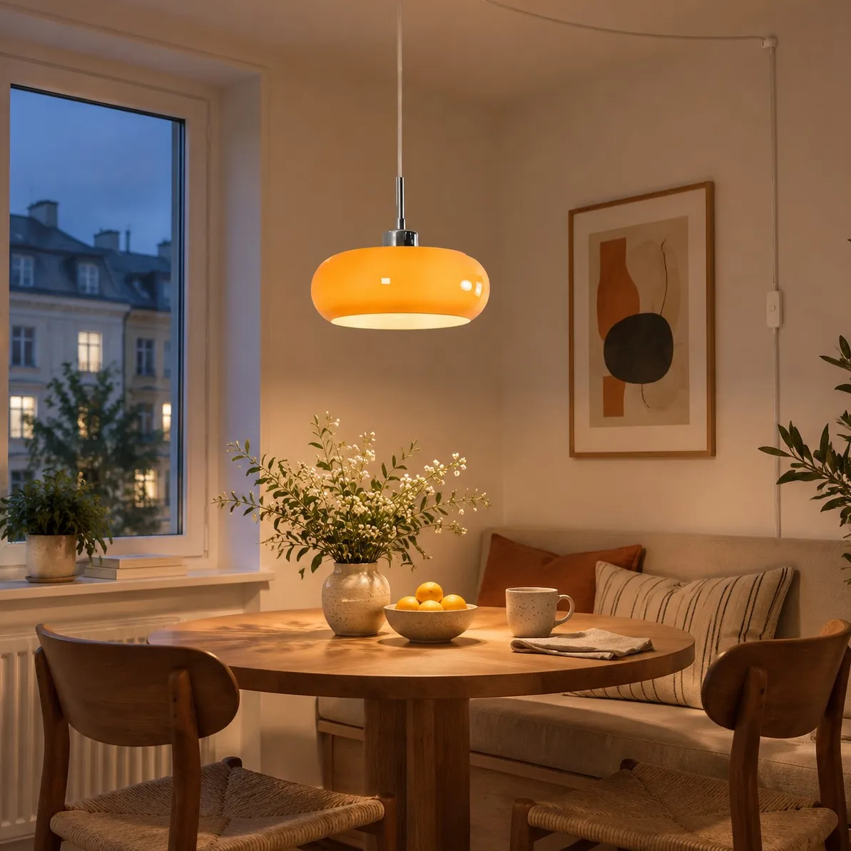 Orange Potivus plug-in pendant above a compact dining table