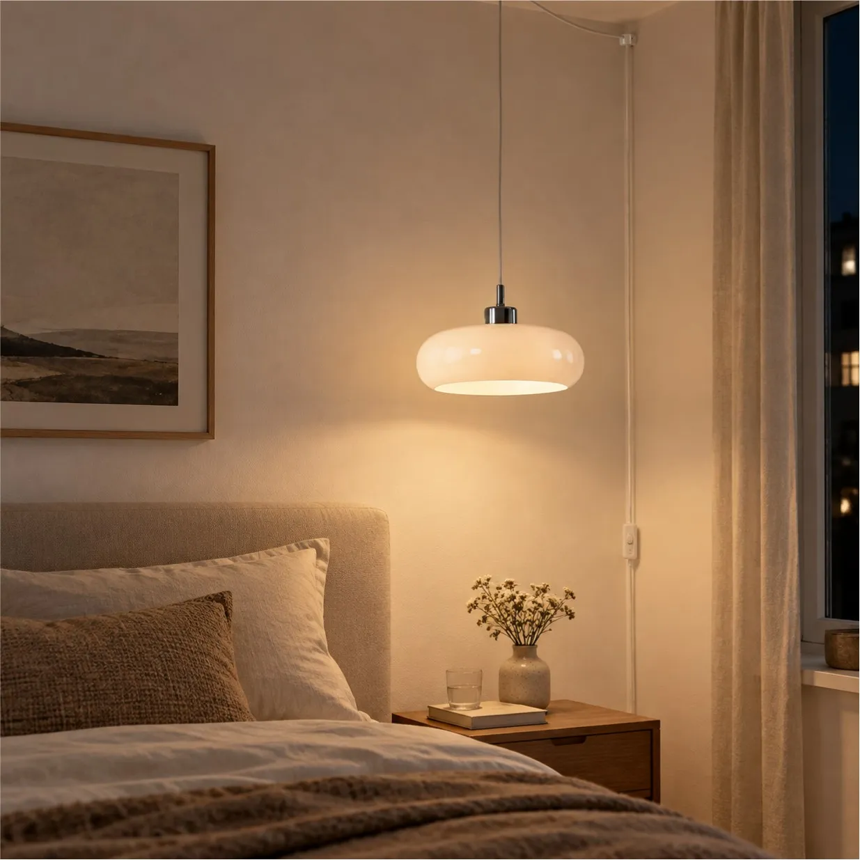White Potivus plug-in pendant beside a bed