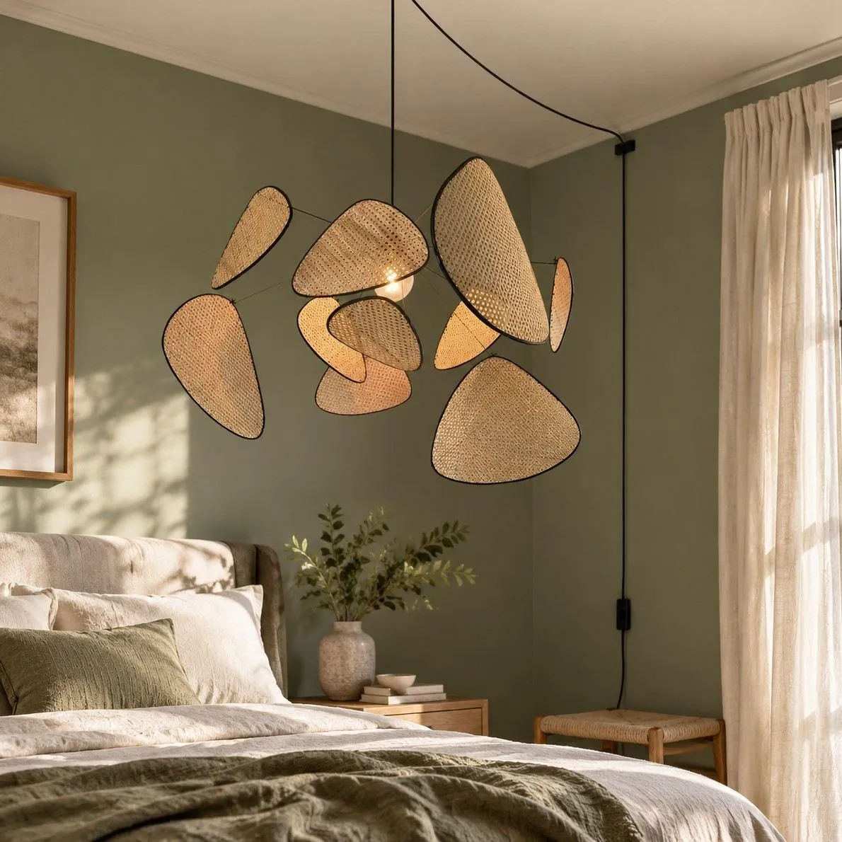 Lámpara de araña de bambú en capas junto a una cama con muebles suaves